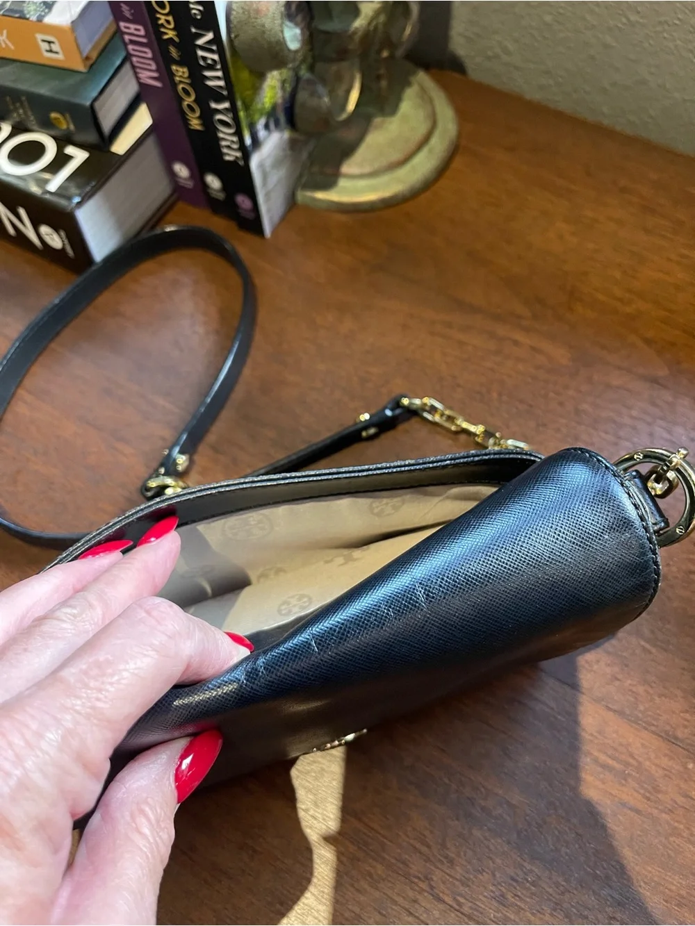 Tory Burch Black Leather Crossbody with Gold Chain Accent
